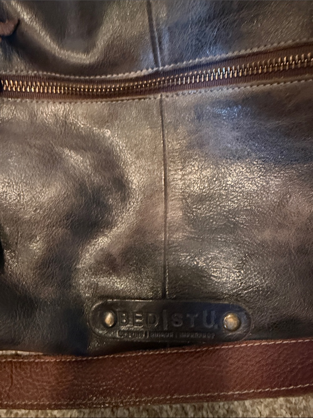 Bed Stu Two-Tone Dark Brown and Chestnut Leather Shoulder Tote - Picture 2 of 6